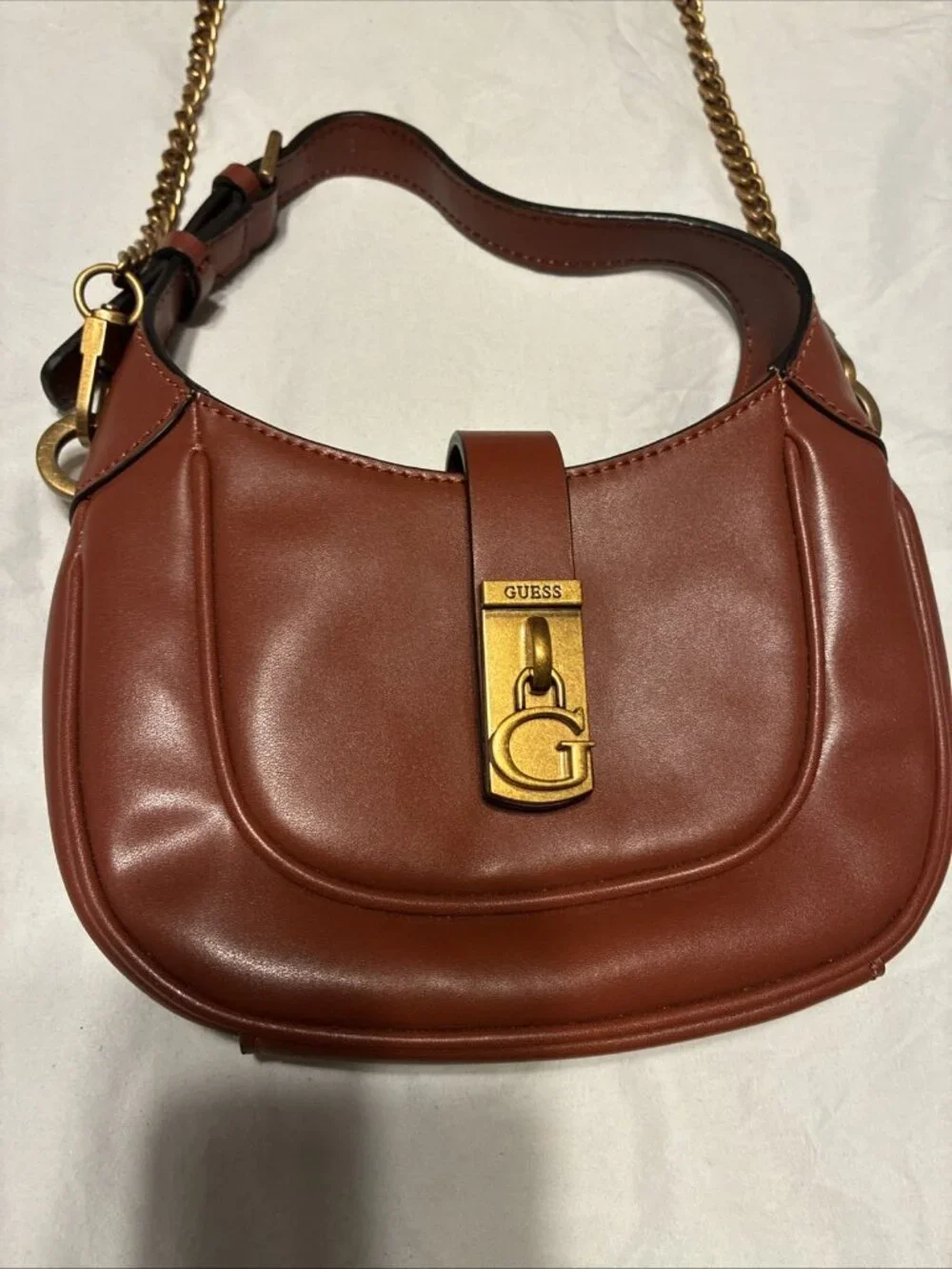 GUESS Brown Faux Vegan Leather Saddle Shoulder Crossbody Bag Gold Chain G Lock